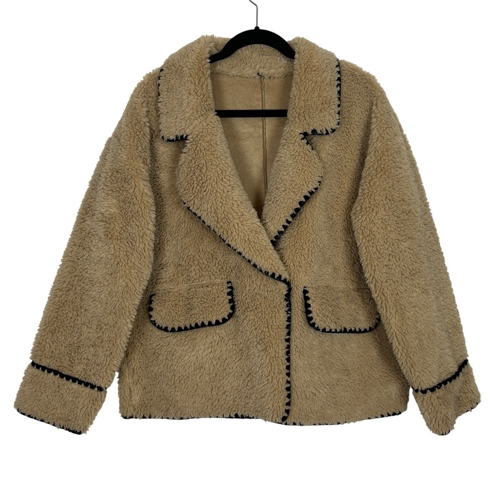 Teddy Sherpa Jacket Cozy Aspen Chic Cabin Core Old Money Fall Coat Boho LARGE